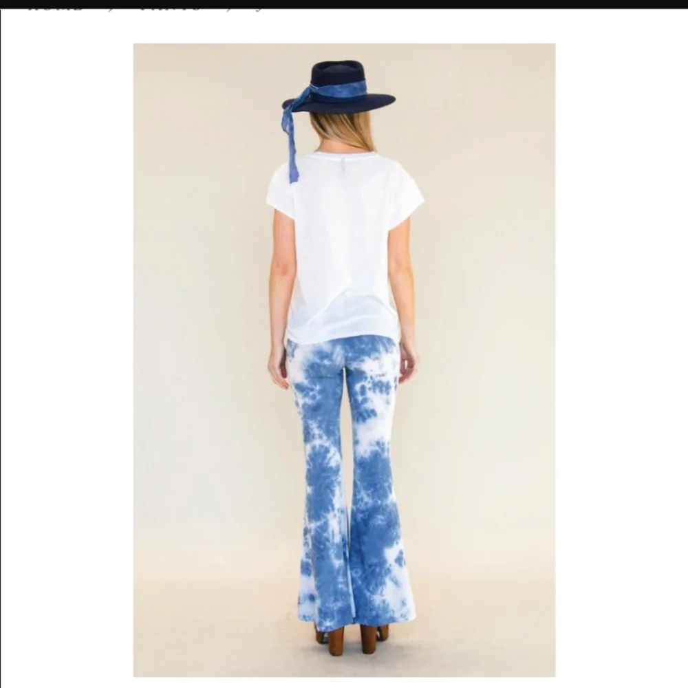 LENNI Free People Blue HTF Tie Dye Lace Up Bell Flare Jimmy Pants S 30W - Picture 3 of 16